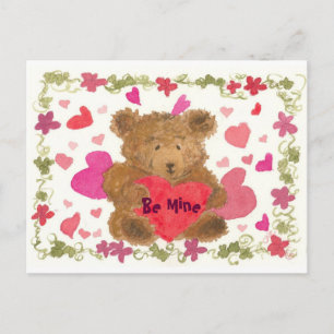 Teddy Bear Valentine Watercolor Be Mine Holiday Postcard