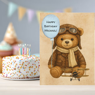 Teddy Bear Vintage Aeroplane Birthday Whimsical Postcard