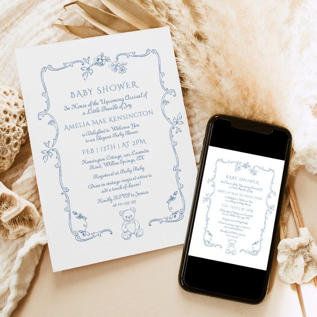 Teddy bear Vintage frame Toile Baby shower Invitation (Creator Uploaded)