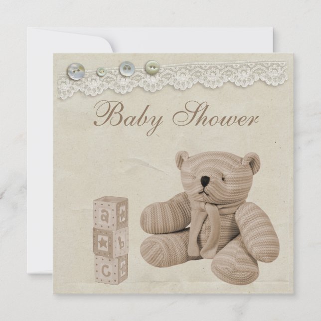 Teddy Bear Vintage Lace Neutral Baby Shower Invitation (Front)
