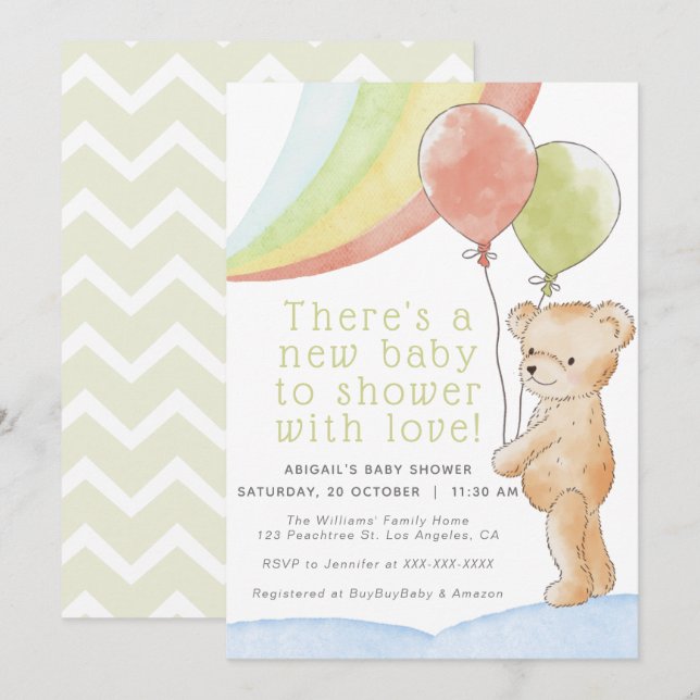 Teddy Bear /w Balloons & Rainbow Baby Shower Invitation (Front/Back)