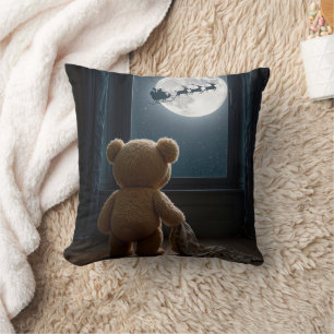 Teddy Bear Watching Santa Claus and Reindeer Cushion
