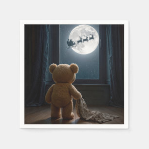Teddy Bear Watching Santa Claus and Reindeer Napkin