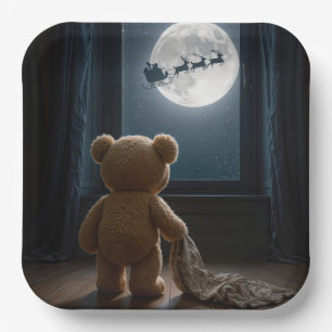 Teddy Bear Watching Santa Claus and Reindeer Paper Plate