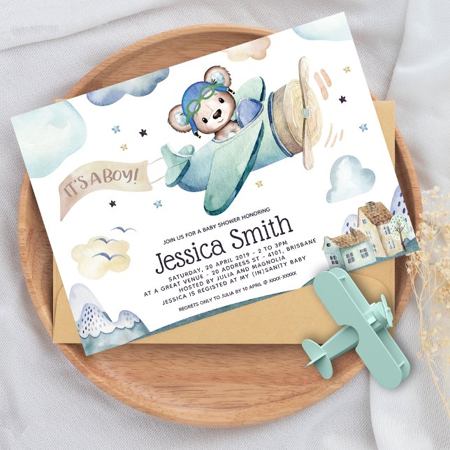 Teddy Bear Watercolor Aeroplane Baby Shower Invitation (Creator Uploaded)