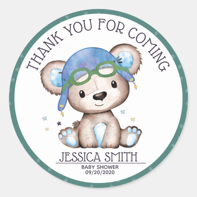 Teddy Bear Watercolor Aeroplane Classic Round Sticker (Front)