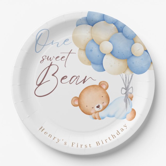  Teddy Bear Watercolor Boy 1st Birthday Party Paper Plate (Front)
