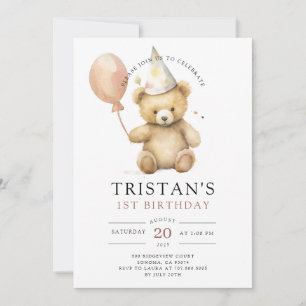 Teddy Bear Watercolor Boy's 1st Birthday  Invitation