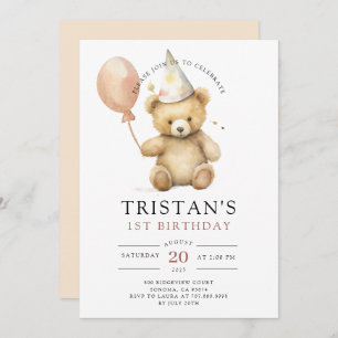 Teddy Bear Watercolor Boy's 1st Birthday  Invitation