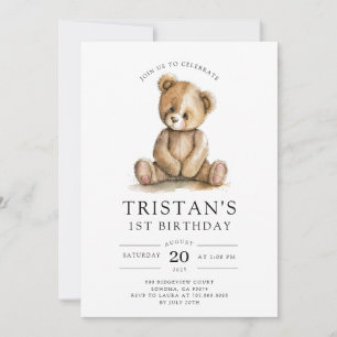 Teddy Bear Watercolor Boy's 1st Birthday  Invitation