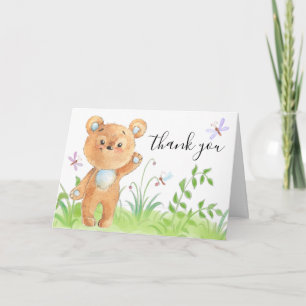 Teddy Bear Watercolor Dragonfly Flowers Thank You Card