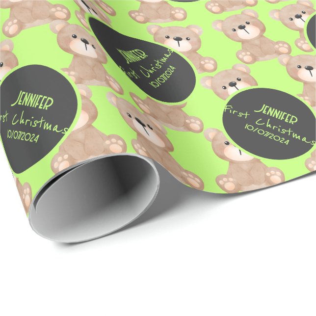 Teddy Bear Watercolor First Birthday lime green Wrapping Paper (Roll Corner)