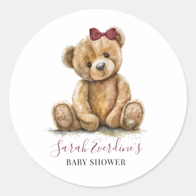 Teddy Bear Watercolor Girl Baby Shower Classic Round Sticker (Front)