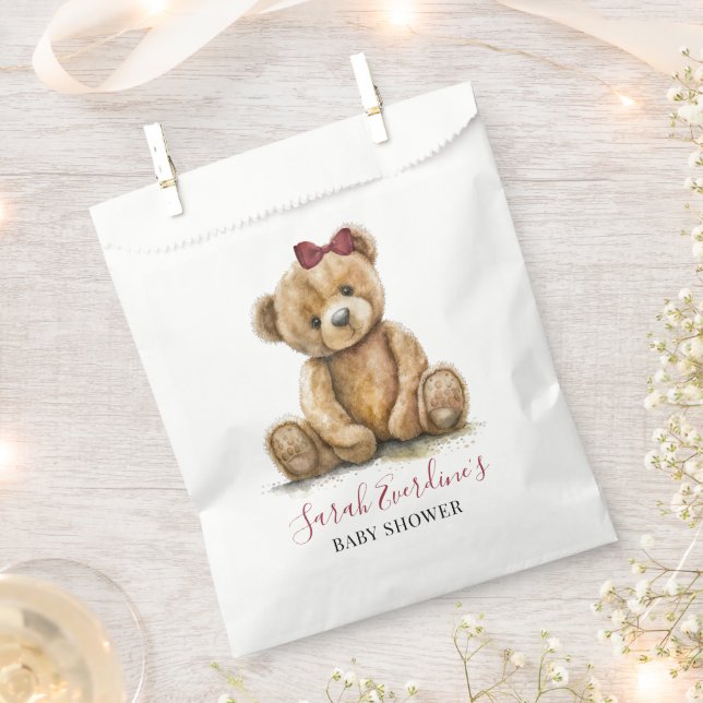 Teddy Bear Watercolor Girl Baby Shower Favour Bag (Clipped)