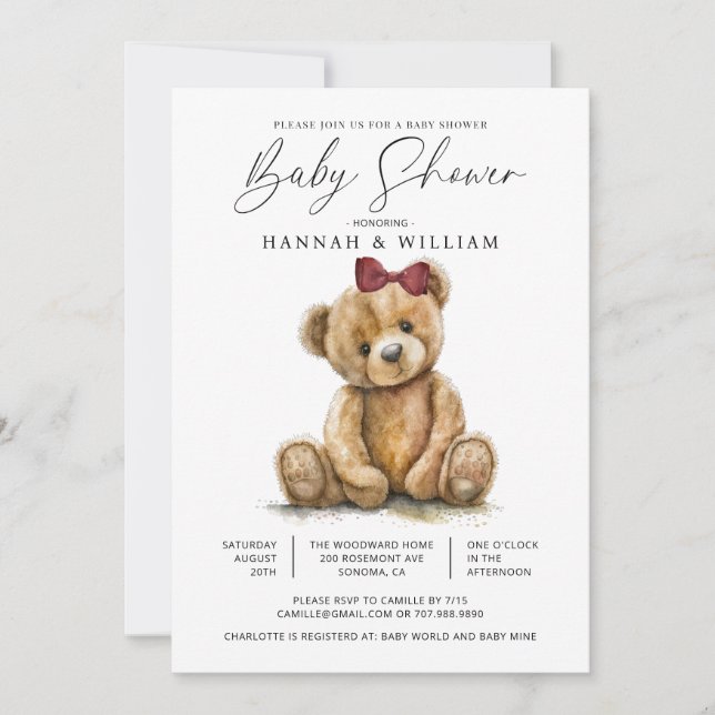 Teddy Bear Watercolor Girl Baby Shower Invitation (Front)