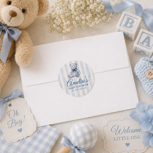 Teddy Bear Watercolor Stripes Baby Shower Classic Round Sticker