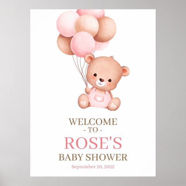 Teddy Bear Watercolor Welcome Baby Shower Poster (Front)