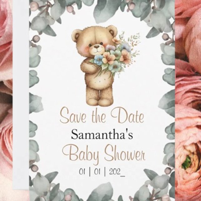 Teddy Bear  Watercolor White the Date Postcard (Celebrate your little one with a "Beary Cute" teddy bear baby shower!)