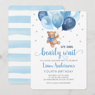 Teddy Bear We Can Bearly Wait Baby Birthday Invitation