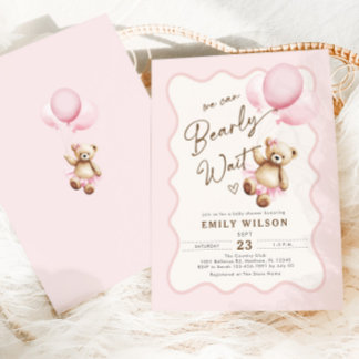 Teddy Bear We Can Bearly Wait Baby Girl Shower Invitation