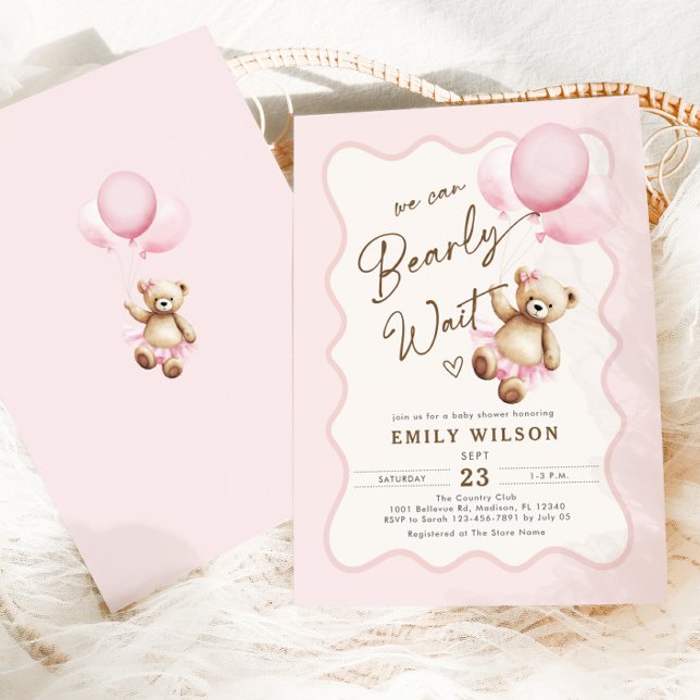 Teddy Bear We Can Bearly Wait Baby Girl Shower Invitation (Creator Uploaded)