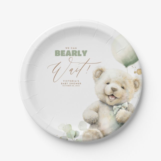 Teddy Bear We Can Bearly Wait Baby Shower Paper Plate (Front)
