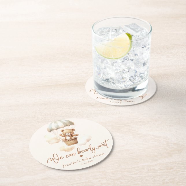 Teddy bear we can bearly wait baby shower round paper coaster (Insitu)