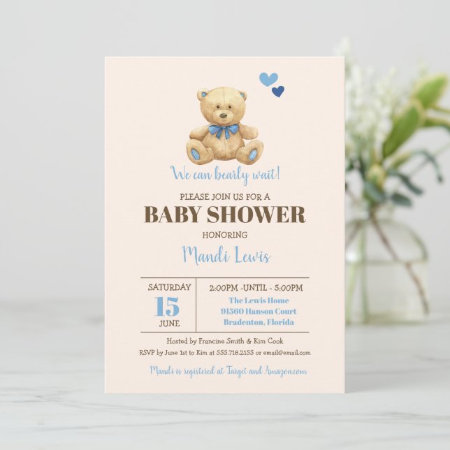 Teddy Bear We Can Bearly Wait Boy Baby Shower  Inv Invitation (Standing Front)