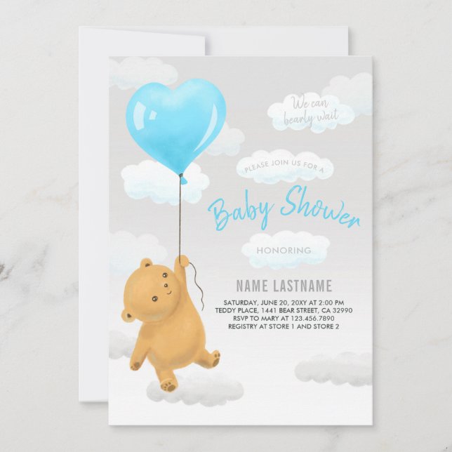 Teddy Bear We Can Bearly Wait Boy Baby Shower Invitation (Front)