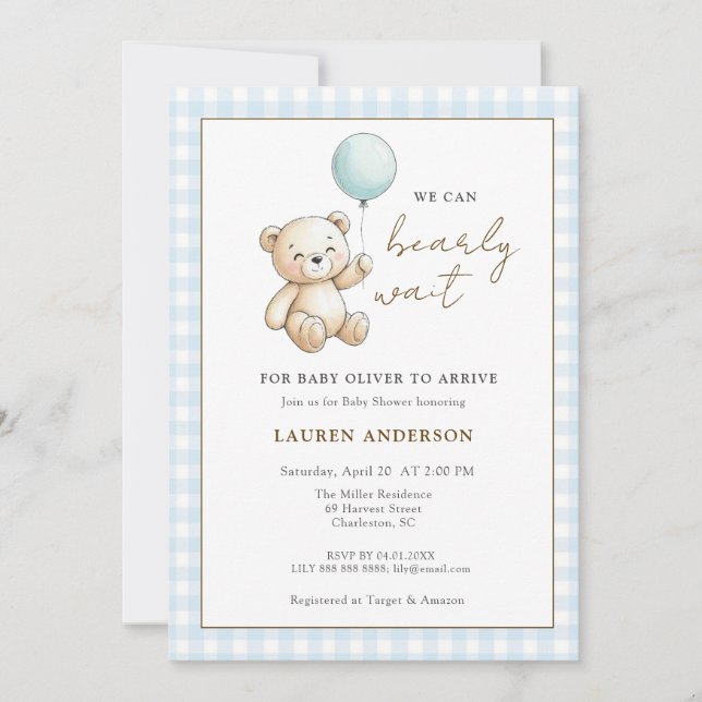 Teddy Bear We can Bearly wait Boy Baby shower Invitation (Front)