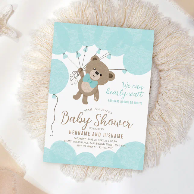 Teddy Bear We Can Bearly Wait Boy Blue Baby Shower Invitation | Zazzle