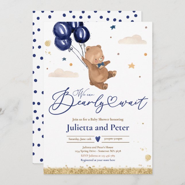 Teddy Bear We Can Bearly Wait Boy Navy Baby Shower Invitation (Front/Back)