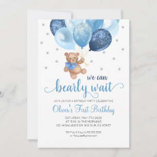 Teddy Bear We Can Bearly Wait First Birthday Invitation