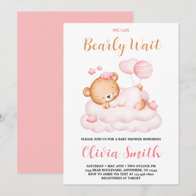 Teddy Bear We Can Bearly Wait Girl Baby Shower  Invitation (Front/Back)