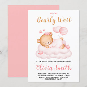 Teddy Bear We Can Bearly Wait Girl Baby Shower Invitation