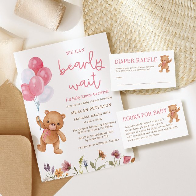 Teddy Bear We Can Bearly Wait Girl Baby Shower Invitation (Creator Uploaded)