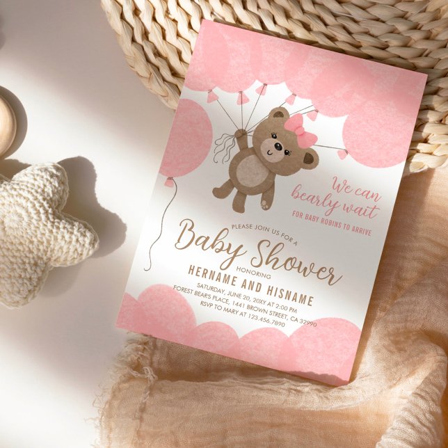 Teddy Bear We Can Bearly Wait Girl Baby Shower Invitation (Creator Uploaded)
