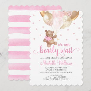 Teddy Bear We Can Bearly Wait Girl Baby Shower Invitation