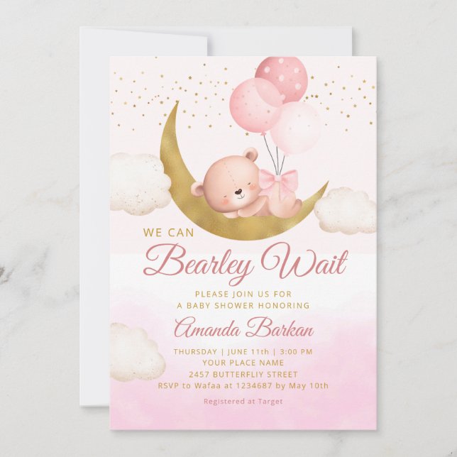 Teddy Bear We Can Bearly Wait Girl Baby Shower Invitation (Front)