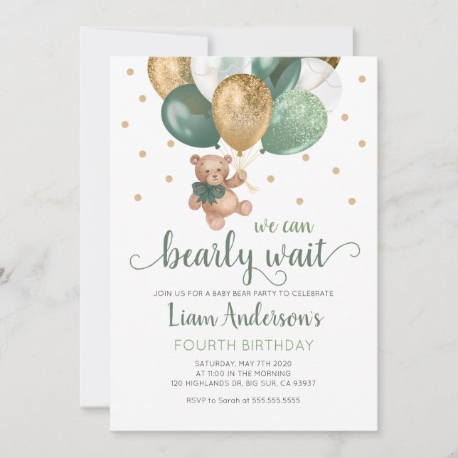 Teddy Bear We Can Bearly Wait Sage Green Birthday Invitation (Front)