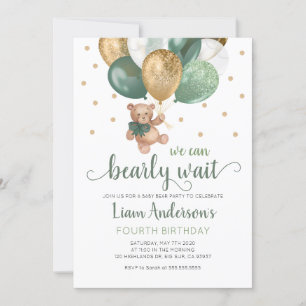 Teddy Bear We Can Bearly Wait Sage Green Birthday Invitation
