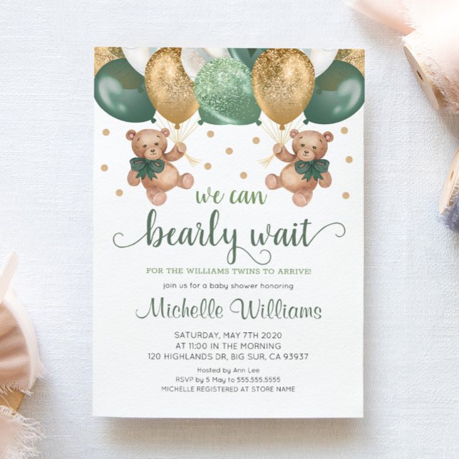 Teddy Bear We Can Bearly Wait Twins Baby Shower Invitation (Creator Uploaded)