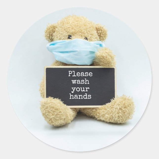 Teddy bear wear face mask with please wash hands classic round sticker (Front)