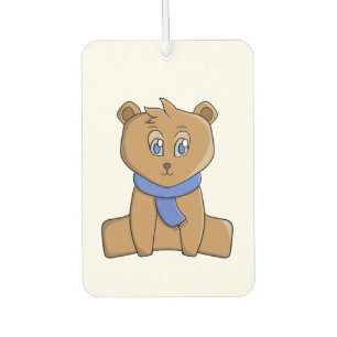 Teddy bear wearing a blue scarf car air freshener