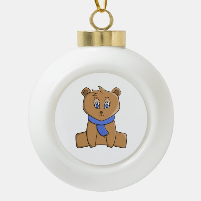 Teddy bear wearing a blue scarf ceramic ball christmas ornament (Front)