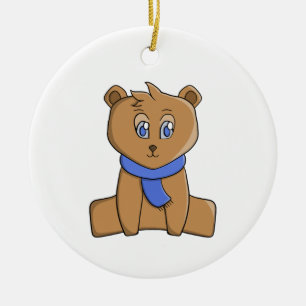 Teddy bear wearing a blue scarf ceramic ornament