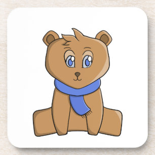 Teddy bear wearing a blue scarf coaster
