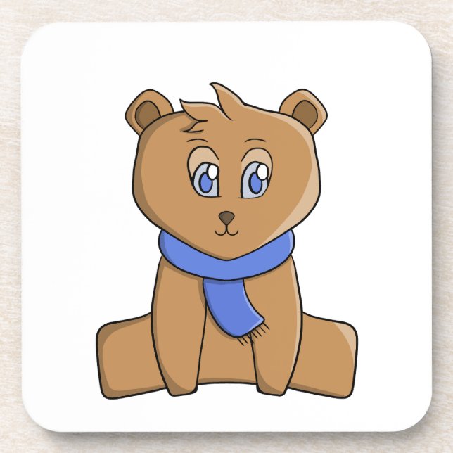 Teddy bear wearing a blue scarf coaster (Front)