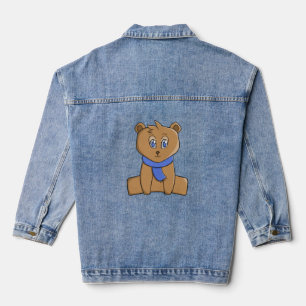 Teddy bear wearing a blue scarf denim jacket