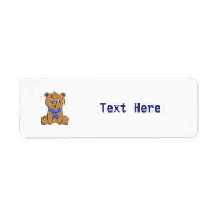 Teddy bear wearing a blue scarf return address label